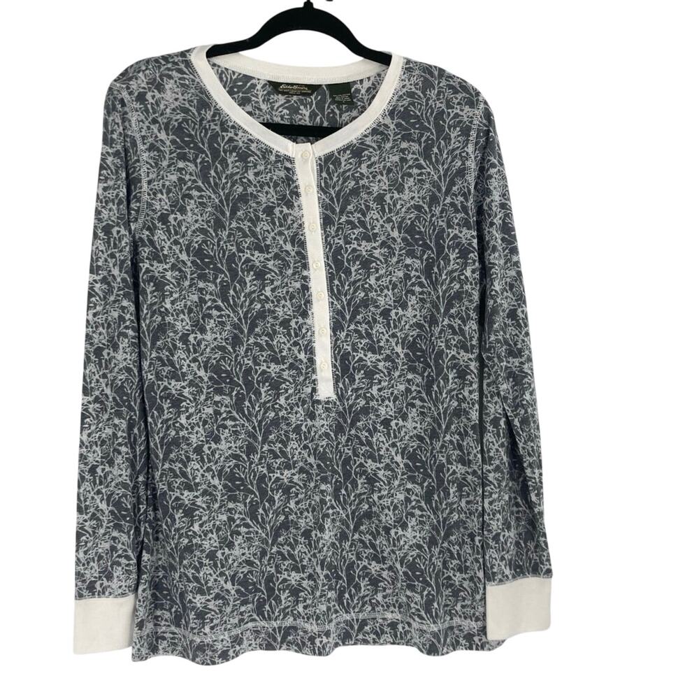 Eddie Bauer Gray Botanic Print Fairy Henley Ling Sleeve Layer Top Large Rayon